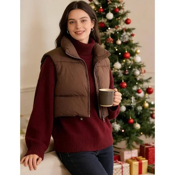 Women's Polyester Cropped Puffer Vest High Neck Zipper Sleeveless Outdoor - Picture 6 of 7